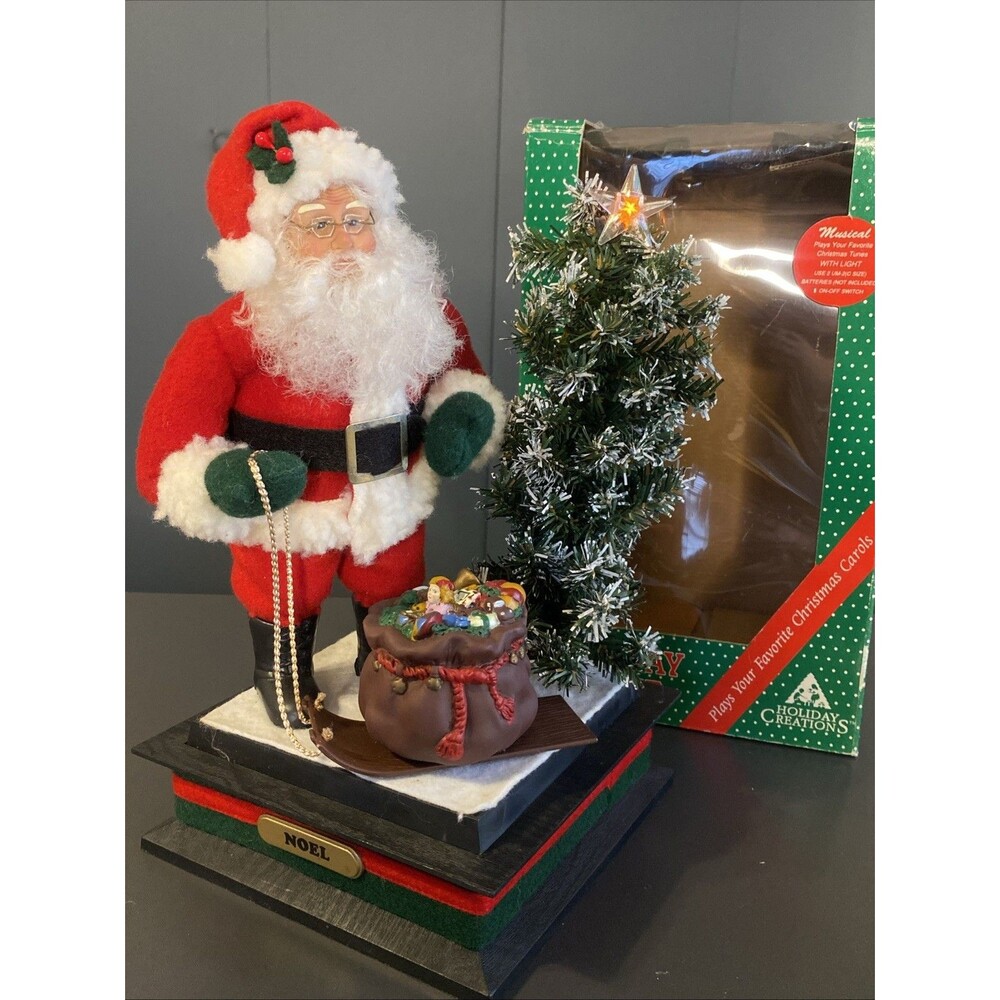 Vintage Musical Christmas Holiday Scene SANTA CHRISTMAS LIGHTED TREE BAG GIFTS